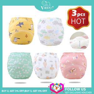 VREN กางเกงฝึกผ้าคอตตอนสําหรับเด็กทารก3ชิ้นผ้าอ้อมเด็กทารกนํากลับมาใช้ใหม่ได้ผ้าอ้อมผ้าอ้อมแบบซักได้ชุดชั้นในสําหรับเด็กเปลี่ยนผ้าอ้อม