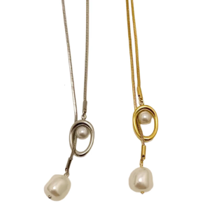 Sturdy Brass Adjustable Chain Baroque Pearls Pendant Long Necklace for Womens Fashion Sweater Chain Accessory