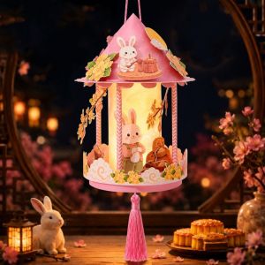 okdeals01 paper lantern chinese灯笼 纸灯笼中秋节传统 Cartoon Mid-Autumn Festival Lantern Chinese Style Handmade Handheld Lantern Decorative DIY Material Kit Glowing Rabbit Lantern Mid-Autumn Festival