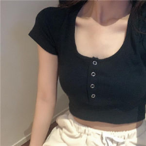 Korean Womens Clothing Short Round Neck High Waist Slim Short Sleeve T-shirt