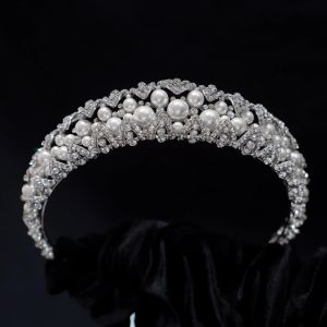 European Princess Wedding Tiaras Pearls Zircon Crystal Bridal Crowns Headpiece Evening Dress Hair Jewelry Hairbands for Brides
