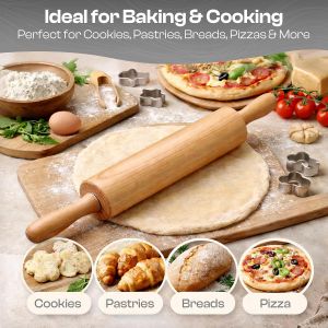 Wooden Rolling Pin 17.6 Inch with Rotating Ergonomic Handles – Classic Beech Wood Dough Roller for Baking Pizza Pastry Bread and Cookies