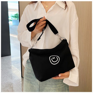 Belfoyer กระเป๋าผ้าใบพิมพ์ลายยิ้มกระเป๋าสะพายสุภาพสตรีกระเป๋าสี่เหลี่ยมขนาดเล็กที่เรียบง่าย