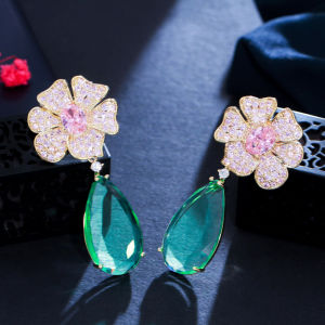 SEQUITO Flashing Pink Crystal Big Flower Dangle Connect Light Green Water Drop Cubic Zircon Gold Plated Long Earrings for Women Prom Party Jewelry SE524