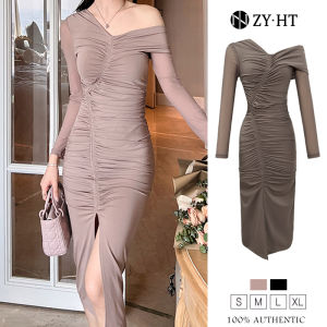 ZY.HT EraVogue เดรสผู้หญิง เดรสสีดำ เดรสสีเทา เดรสรัดรูป เดรสปิดไหล่ เดรสแขนยาว เดรสออกงาน เดรสทำงาน เดรสเซ็กซี่ เดรสเกาหลี ชุดออกงาน 9561