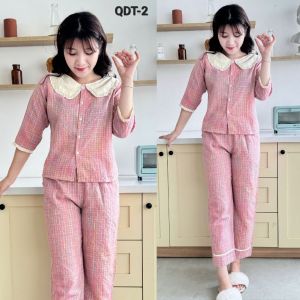 (Bunnysky) Đồ bộ mặc nhà nữ bộ thu đông kẻ caro thiết kế cổ tiểu thư phối bèo xinh xỉu