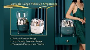 SOMYMALL Makeup Organizer Cosmetic Display Cases with Brush and Lipstick Organizer Dust Water Proof Cosmetics Storage Display Skincare Case Suitable for Bathroom Countertop and Bedroom Vanity Dresser (White/Green)