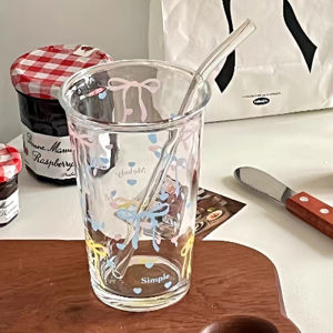 [Mariannes] Bow Cute Water Cup Cartoon Bow Cup Striped Cute Doodle Coffee Mug Household Fruit Tea Lemonade Girls Gift