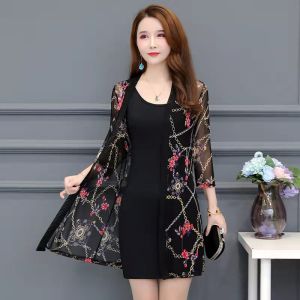 Summer long sun protection clothing womens thin floral print Transparent Sun Protection coat Women Cycling Anti Uv Jacket plus size Chiffon Cardigan Sunscreen Clothing seven-quarter sleeve