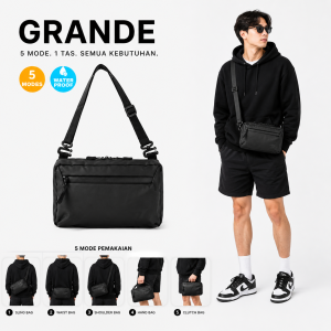 ZELLINE.CO | GRANDE Handbag Travel Edition | "5in one" | Chestbag | Waitsbag | Tas hitam pria multifungsi (handbag + slingbag + clutchbag) Waterproof anti air