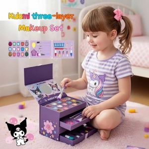 Kuromi Kids Makeup Box Kit For Girls Real Washable Cosmetic Pretend Play Toy 3 floors With Mirror