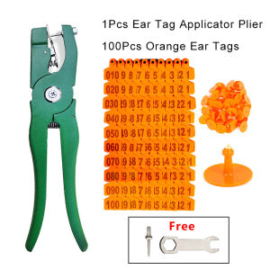 Pig Ear Tag Set 100Pcs 001-100 Number Plastic Livestock Ear Tags + Animal Ear Tag Applicator Plier for Sheep Goats Pigs Hogs Cow Cattle Mark Label