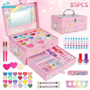 83PCS Kids Makeup Unicorn Suitcase Set Toy with MirrorMakeup Set for Kids Girls Toy Washable Non-Toxic Play Makeup Easy to Storage and Portable Birthday Toys Gift for 3+ Years Old Kid