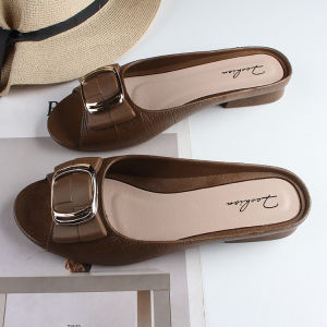 Free Shipping Fashionable WomenS Half-Slipper Sandals New Summer Casual Style Chunky Heel Square Buckle Design Suitable For Outdoor Wear Flat-Soled Everyday Sandals