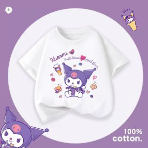 【COD】2025 Top For Kids Girls 5-16yrs Short-sleeved White/Black Pure Cotton Shirt Cartoon Print School Uniform Comfortable Soft Breathable for Tropical Climate