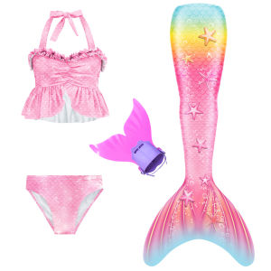 New Kids Girls Mermaid tail with Monofin Swimsuit The Little Memaid Bikini Bathing Suit Children Halloween Costumes