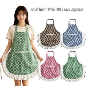 K9SEQ Canves Ruffled Trim Apron Lace Design Stain-proof Household Apron Breathable Work Clothes For Kitchen