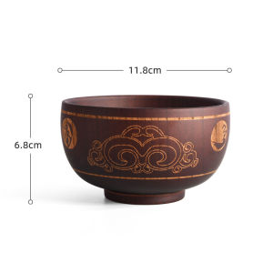 JustLiving 1pc 310ml Ethnic Style Sour Date Wood Bowl Carved Pattern Dinner Wooden Bowl Tableware Mongolian Wooden Milk Tea Bowl Wood Big Bowl