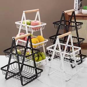 SXH New wooden hand basket with ironwork multifunctional fruit basket multi-layer snack storage rack for the kitchen
