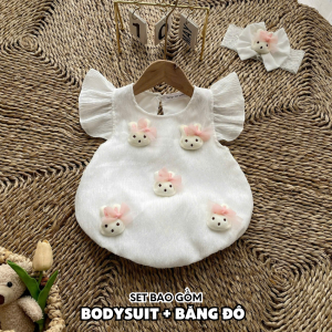 BD217 Body chíp trắng đính thỏ RIOKIDS quần áo đầy tháng cho bé gái sơ sinh Lễ Tết
