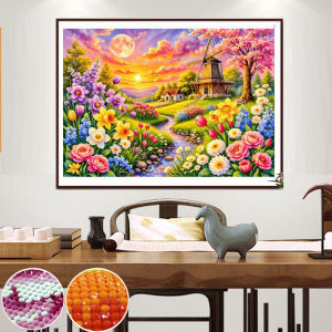 New 5D DIY Diamond Painting Sun and Moon Shine Over Dutch Windmills and Flower Fields full diamond Round Diamond Embroidery Home Decor