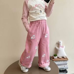 กางเกงเด็กผู้หญิงสีชมพู ลายแกะน้อยน่ารัก เอวยางยืด ใส่สบาย ขอบลายสก็อตเพิ่มความเก๋เพิ่มความเก๋ ลุคไหนก็เท่