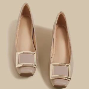 Free Shipping 2026 Patent Leather Square Buckle Flats Elephant Gray Shallow Toe Square Toe Stiletto Heel Mid-Heel High-Heeled Shoes Versatile Suitable For Work Elegant WomenS Shoes