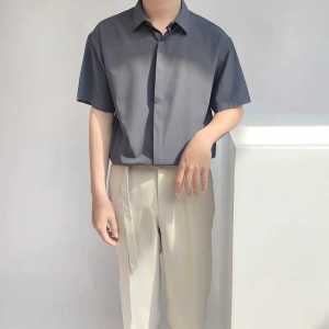 HUILISHI Korean Oversized Fashion Plain Button Mens short sleeve Shirt