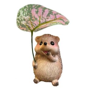 USECOAT Cute Leaf Umbrella Hedgehog Figurine Resin Weatherproof Garden Hedgehog Statue Animal Figurine Handmade Small Hedgehog Sculpture Outdoor Garden Ornament