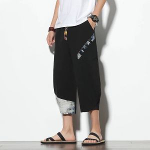 Japanese Samurai Cotton Linen Harem Pants Mens Summer Breathable Print Cropped Pants Mens Casual Elastic Waist Fitness Trousers2026