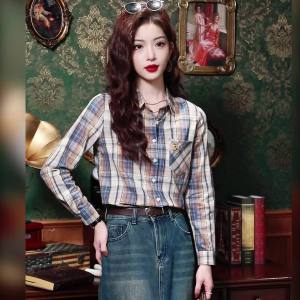 Ammin เสื้อเชิ้ตลายสก๊อตคอเสื้อแขนยาวโปโลผู้หญิงแฟชั่นสไตล์เกาหลีที่สง่างาม2024 R สไตล์ลำลองเดินทางเข้าได้กับทุกเสื้อตาหมากรุก