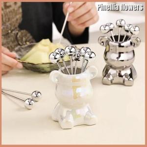 【Pinellia flowers】 6pcs Stainless Steel Dessert Forks With Storage Jar Cute Bear Utensils For Party Tasting Dessert Fruit Pickle Fruit Salad
