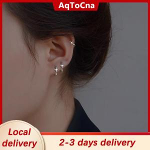 [COD] AqToCna Ship within 24 hours Four-pointed Star Cross Small Hoop Earrings For Men Women Hip Hop Retro Black Silver-color Street Gothic Ear Jewelry