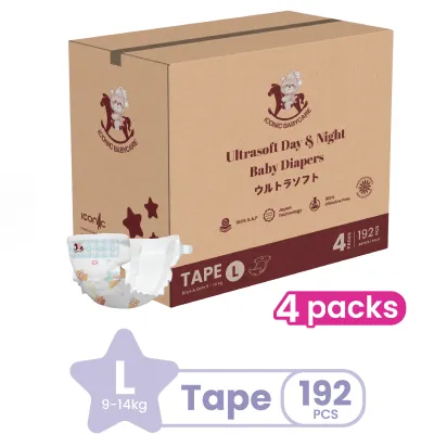 [Bundle of 4] Iconic Babycare Ultrasoft Day & Night Baby Diaper Tape NB120/S224/M208/L192