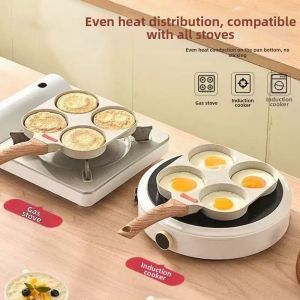KAWAIIR Rapid Heating Four-hole Frying Pan Non-stick Anti Scalding Fried Egg Pan Flat Bottomed Pot with Handle Omelette Skillet for Stove Induction Cookware