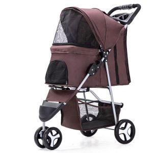 Teekland Foldable Pet Stroller with Weather Cover 3 Wheels Pet Strolling Cart for Small/Medium Dogs and Cats with Storage Basket and Cup Holder Breathable and Visible Mesh for All Season