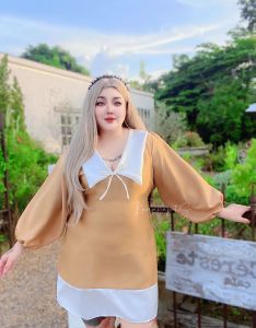 เดรสของขวัญ  เดรสปกคอวีทูโทนปลายกระโปรงขาวดีเทลแขนจั้ม