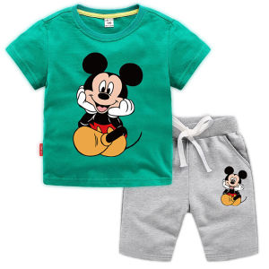 ชุดเด็กชายการ์ตูน Mickey Mouse เด็กผู้ชายชุดเสื้อผ้าแขนสั้น + กางเกงขาสั้นสูทหลากสี1-8ปี