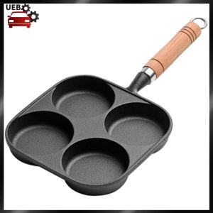 [Ueb Wholesale Mall] 4-Hole Frying Pan Wooden Handle Non Stick Cookware Pancake Pan Multifunction Hamburger Steak Pan for Gas Stove Induction Cooker