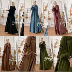 Gamis Lebaran 2024 Wanita Amofa Maxi Dress Kain Crinkle Airflow Busui