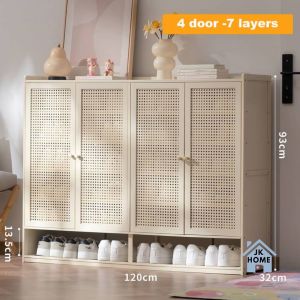 JK Home Nordic Beige Rattan Shoe Cabinet 2 & 4 Doors Bamboo Almari Kasut Bertutup Design Kayu 竹制鞋柜
