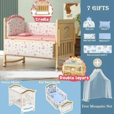 Playpark 7 In 1 Crib for Baby Wooden Crib Multifunction Cradle Bed for NewBorn Baby with Mosquito & Gifts