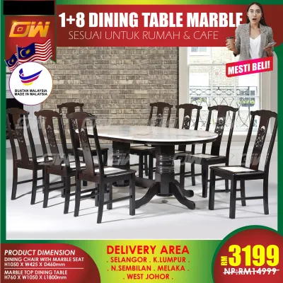 CT3.5X6OVL-MTB CC017M 1+8 Seater Grade A Marble Top Round Solid Wood Dining Set Kayu High Quality Turkey Fabric Chair / Dining Table / Dining Chair / Meja Makan / Kerusi Meja Makan / Buffet Makan Meja / Meja Party Makan Weekend