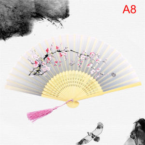 [Habilulu] Chinese Silk Folding Fan Wooden Shank Classical Dance Fan Home Decoration
