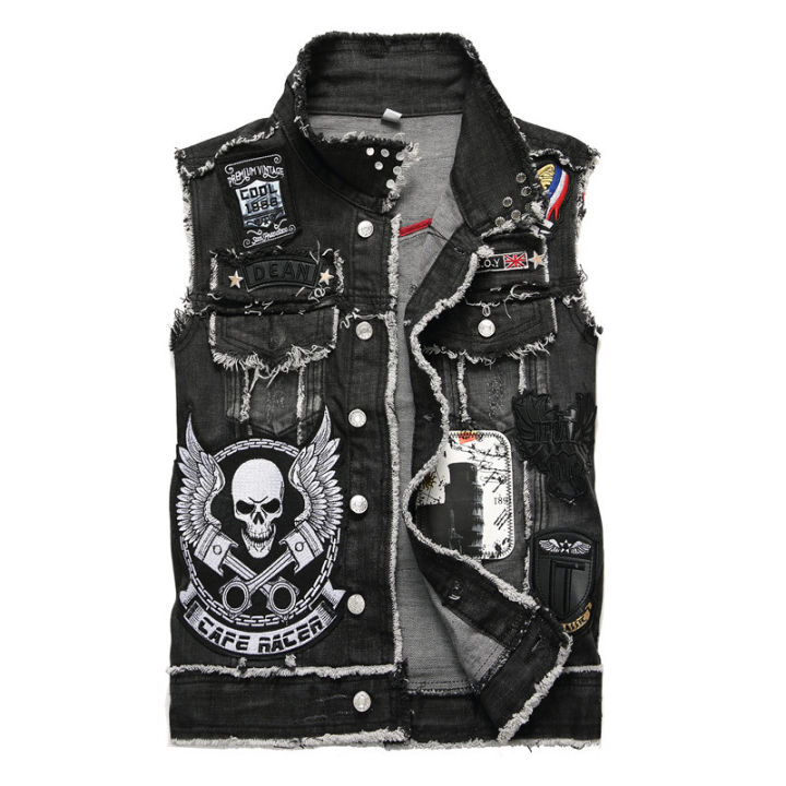 BIZOT 2022 Mens Punk Denim Vests Black Skull Embroidery Denim Waistcoat  Slim Fit Fashion Jeans Sleeveless Jacket Male Vest Tops