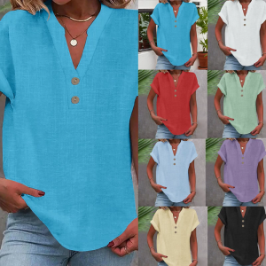 Simple Button V Neck Short Sleeve Blouse for Womens Polyester Top Stand Collar Solid Color T-Shirt Summer Casual Outfit