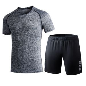 Plus size 1 set Ice silk quick-drying running fitness short sleeve breathable T-shirt for Men + Summer loose basketball training shorts