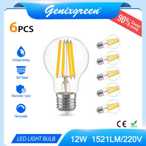 Genixgreen 6PCS LED Filament Bulb E27 12W High Lumen Dimmable Edison Lamp 220V A19 Vintage Globe Light Warm White