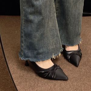 [Free Shipping] Cream-Colored High Heels For Women New Spring Collection Professional Soft Leather Comfortable To Wear Pointed-Toe Flats Thin Heels Low Heels Work Shoes