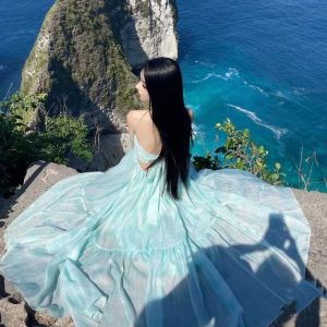 Halter Dress for Women Waist Retraction A-line Neck Ethereal Flared Vintage Off Shoulder Beach Skirt